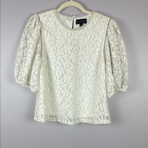 Laundry By Shelli Segal White Lace Puff Sleeve Blouse Size Large - Picture 2 of 9